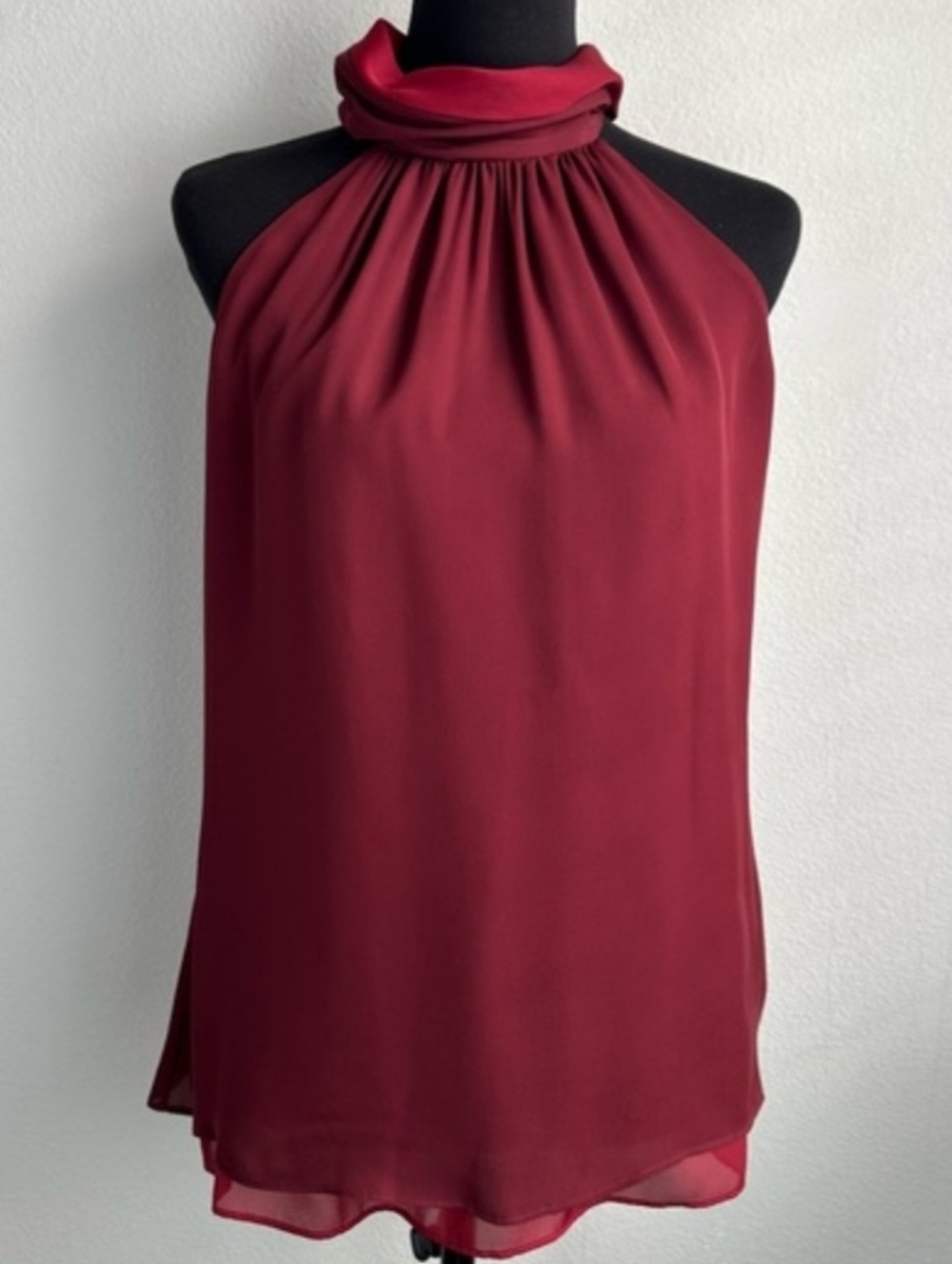 White House Black Market Sleeveless High-Neck Halter Burgundy Silk Top